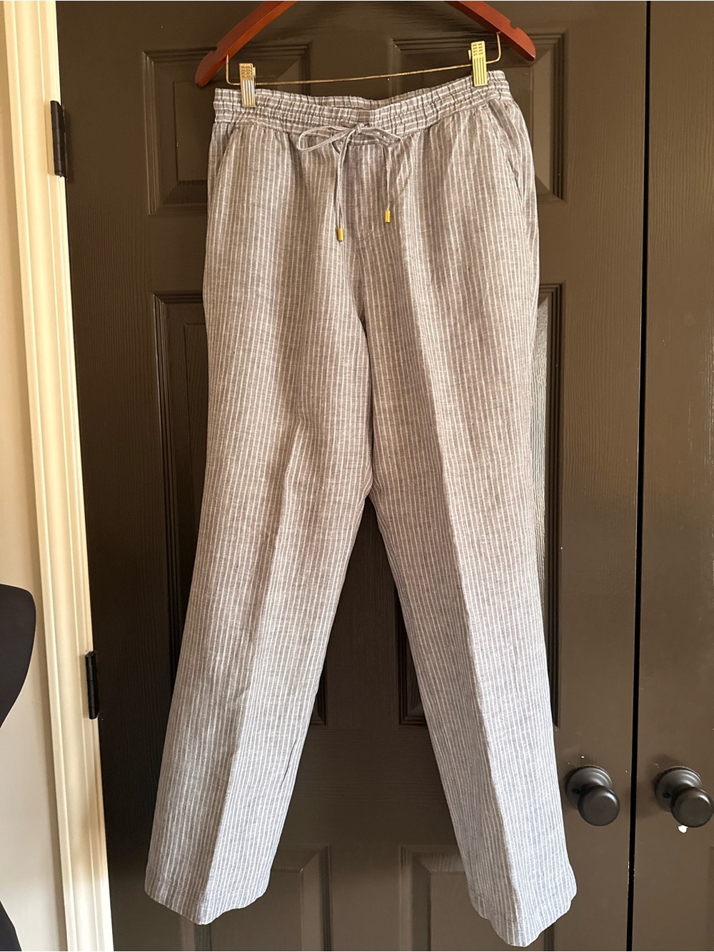 Ellen Tracy Gray Linen Pinstripe Drawstring Trousers